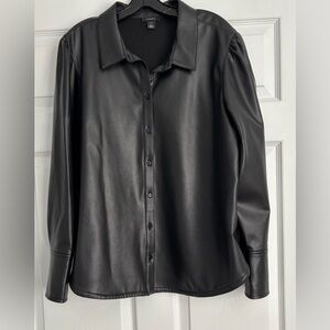 Black Faux Leather Women’s Button-Up Shirt, Size XXL
